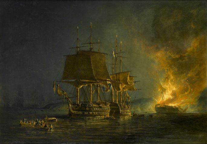 Nicholas Pocock - The Burning of the Russian 74-gun Sewolod After she had been Engaged and Silenced by HMS Implacable, Captain T. Byam Martin, in the Baltic, 26 August, 1808 | MasterArt